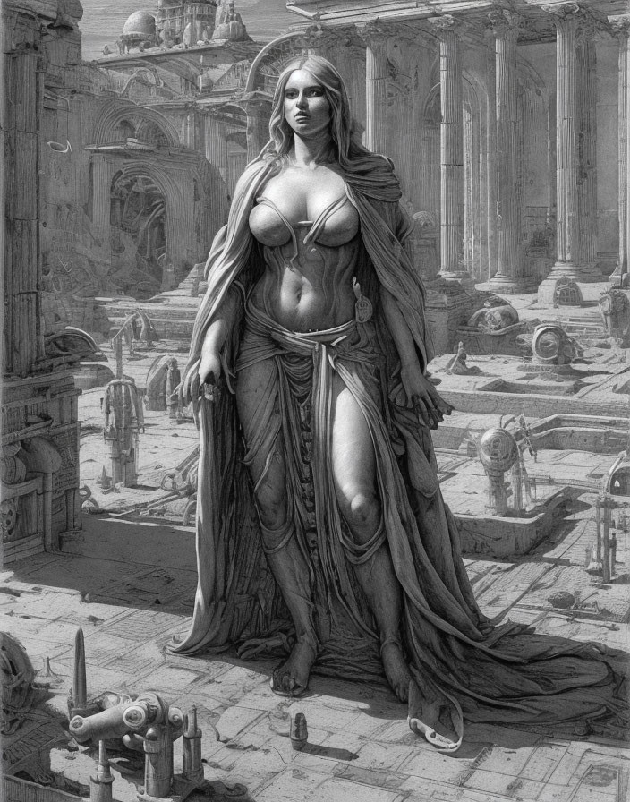 Monochromatic illustration of woman in flowing robes among classical ruins and enigmatic machinery