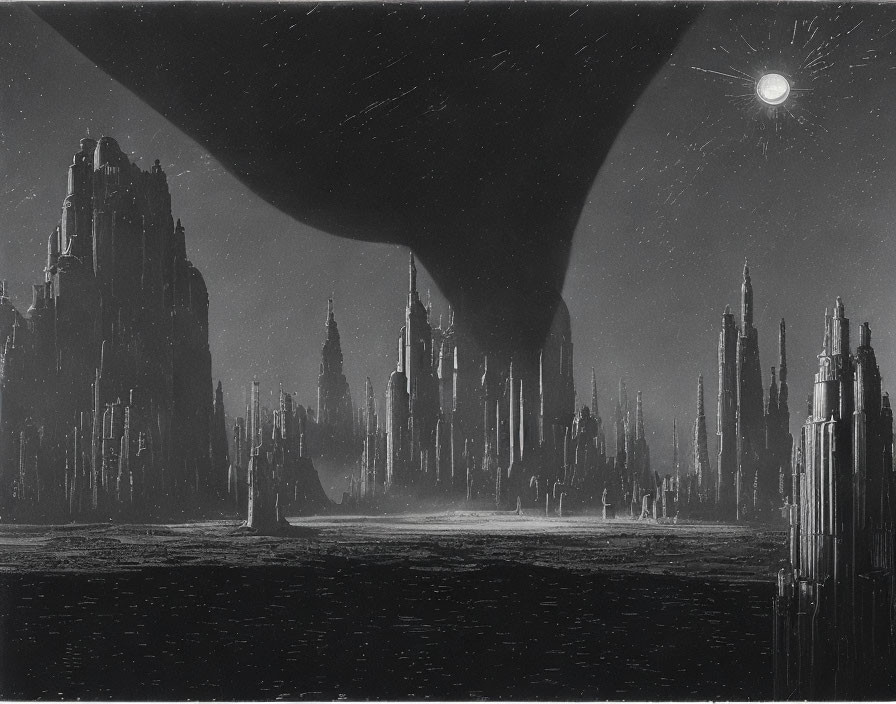 Monochrome futuristic cityscape with towering spires and celestial body.