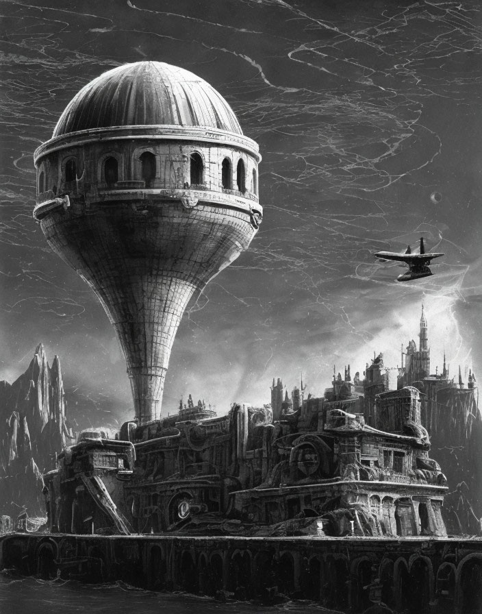 Monochrome futuristic cityscape with spherical tower and flying aircraft