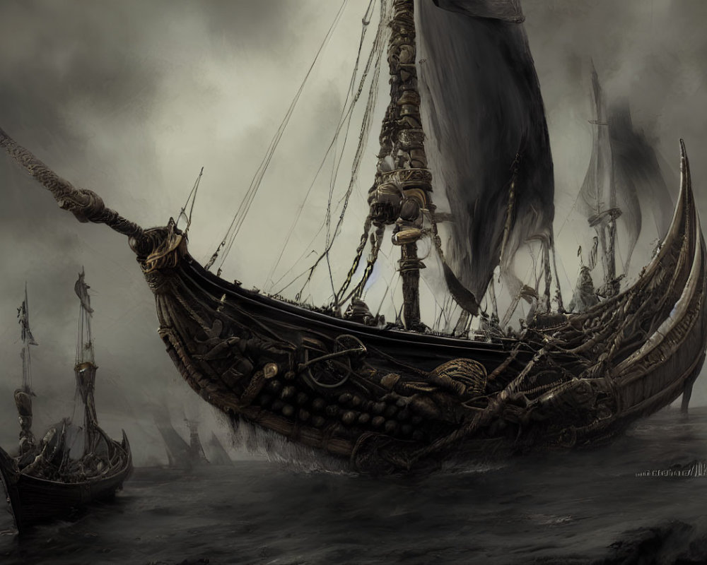 Dark Viking longship painting sailing turbulent seas under brooding sky