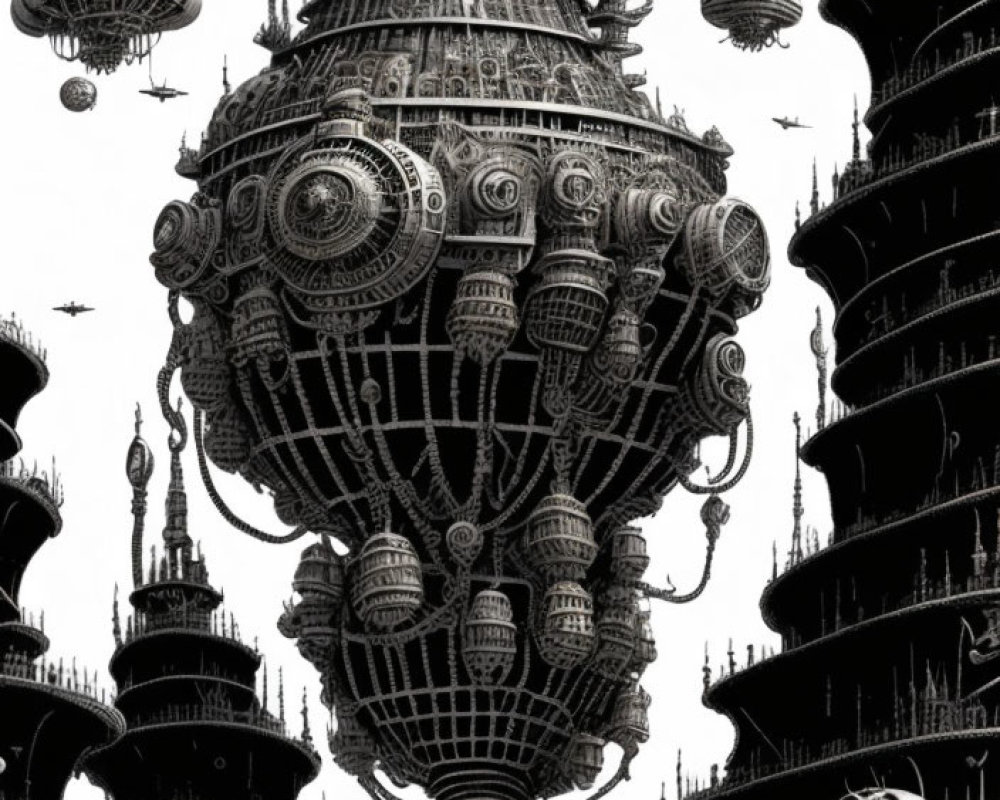 Detailed black-and-white fantasy cityscape illustration with airships and spires