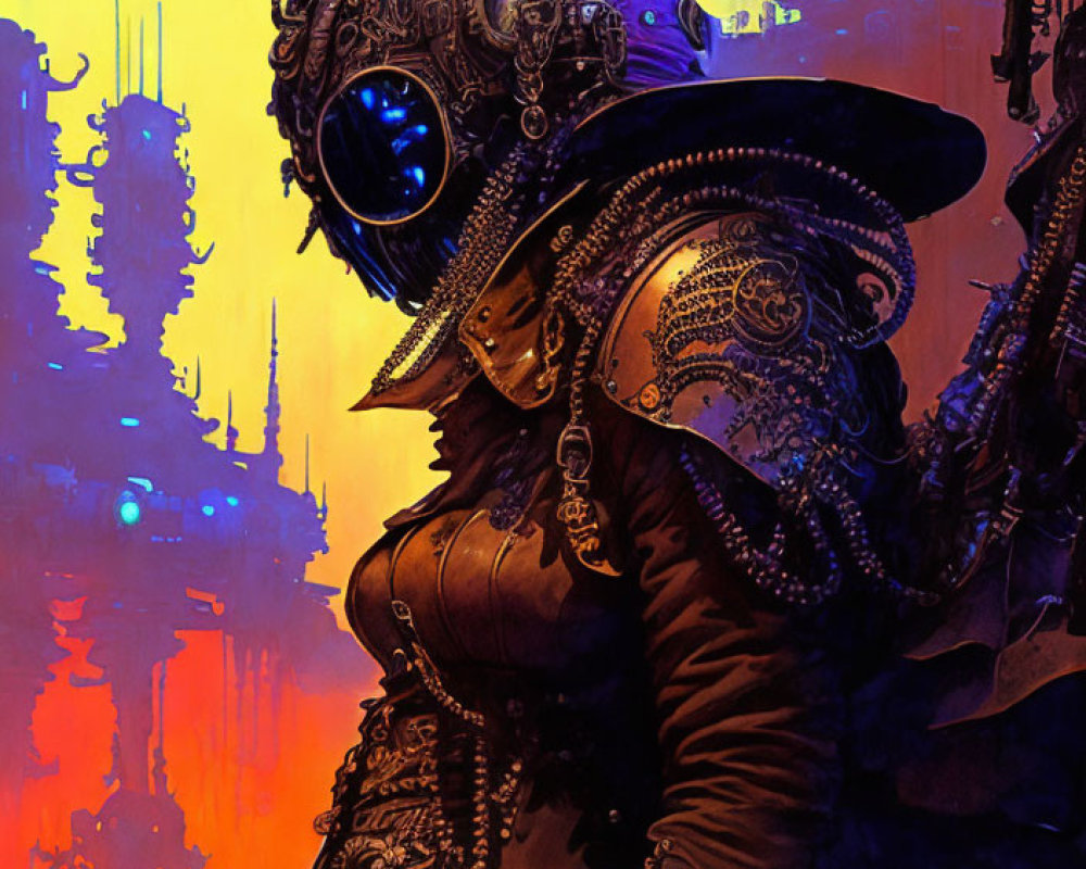 Steampunk-themed image: Person in mechanical suit with glowing blue goggles, against futuristic cityscape.