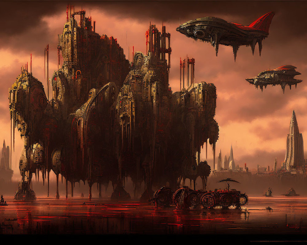 Dystopian landscape with dark structures, airships, and vehicle
