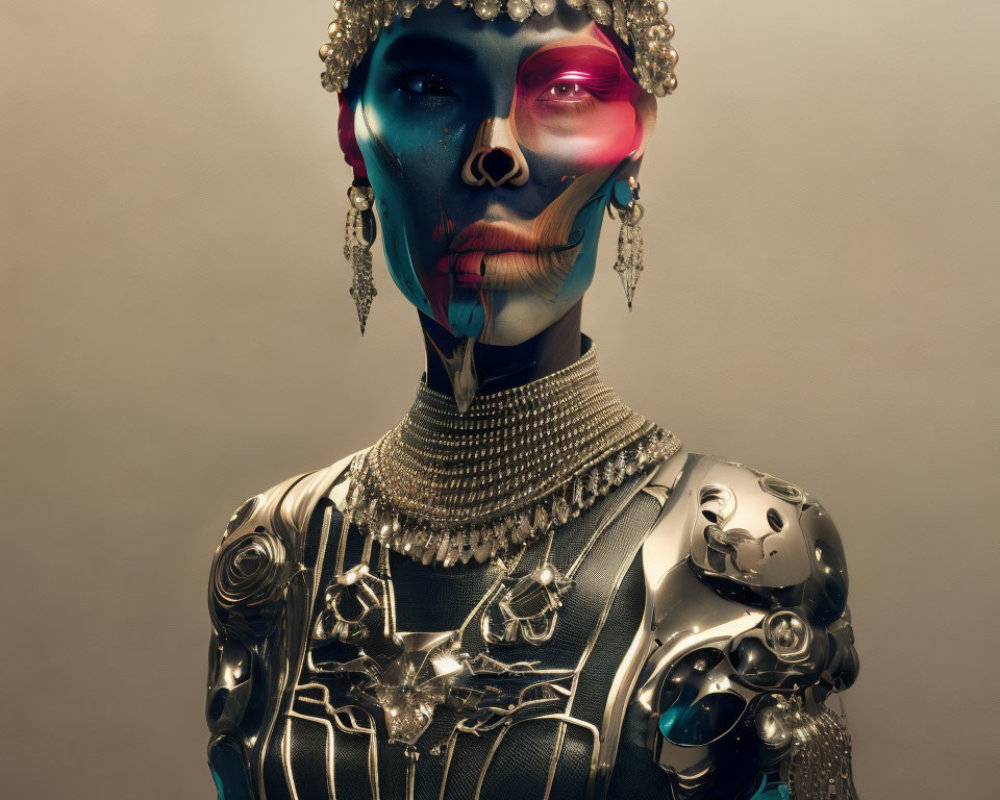 Colorful face makeup and metallic armor portrait.