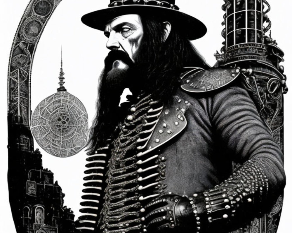 Detailed monochrome illustration of a bearded man in Victorian attire with steampunk elements.