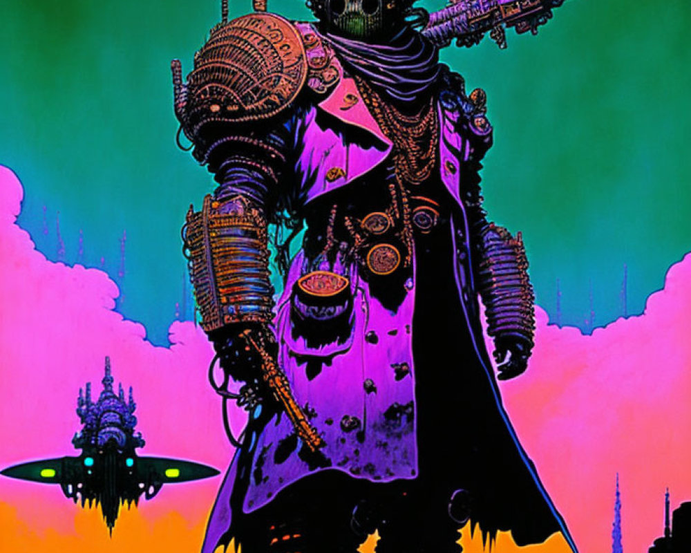 Futuristic warrior in long coat with advanced armor in neon-lit alien landscape