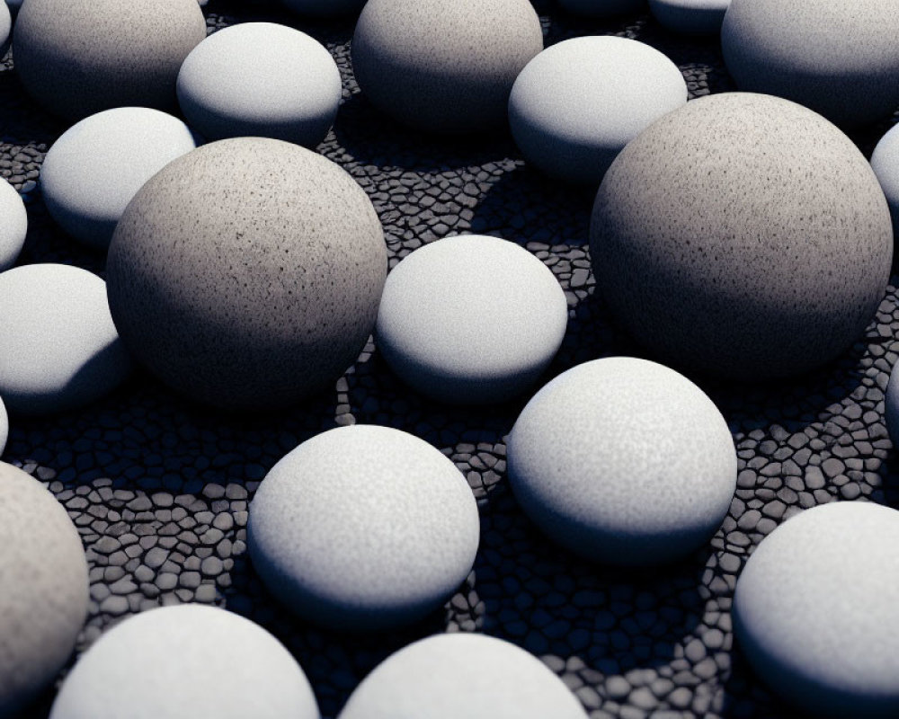 Textured white spheres on cracked dark surface: size variation contrast