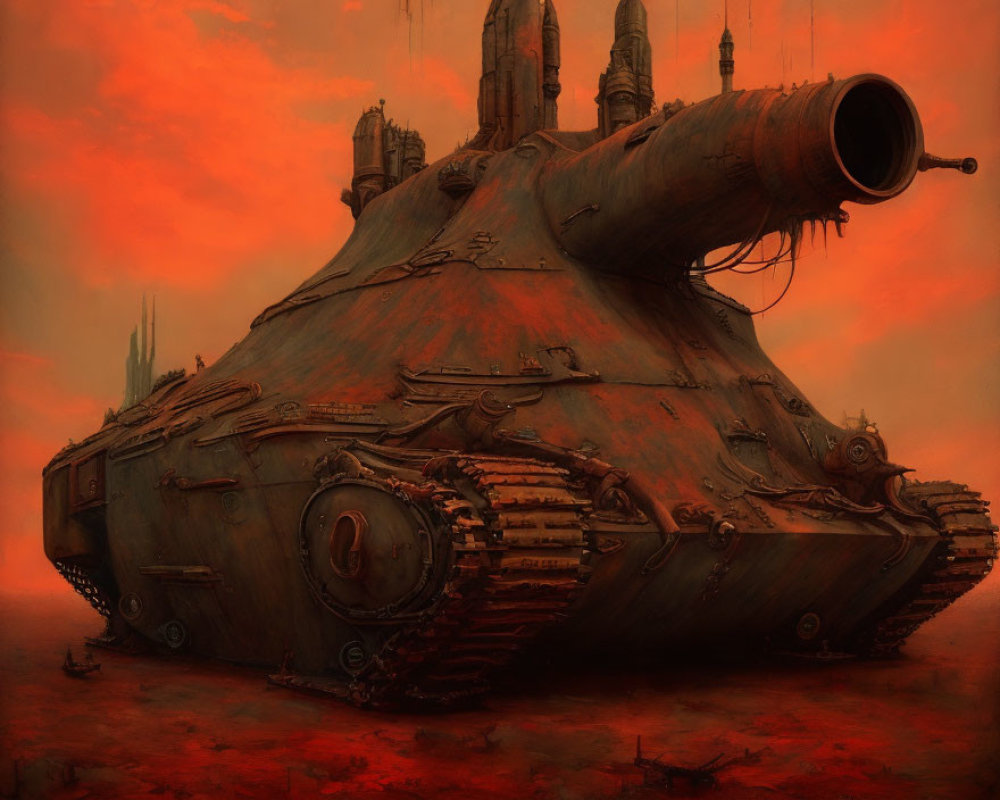 Rust-colored tank with heavy armaments under reddish sky