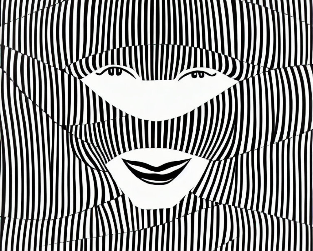 Monochrome Abstract Woman's Face with Bold Contours and Striped Patterns
