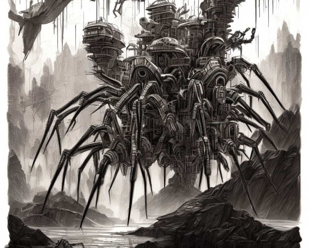 Detailed Monochromatic Sci-Fi Illustration of Mechanical Spider in Cityscape Landscape