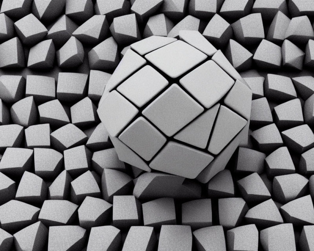 Monochrome dodecahedron surrounded by grey geometric shapes
