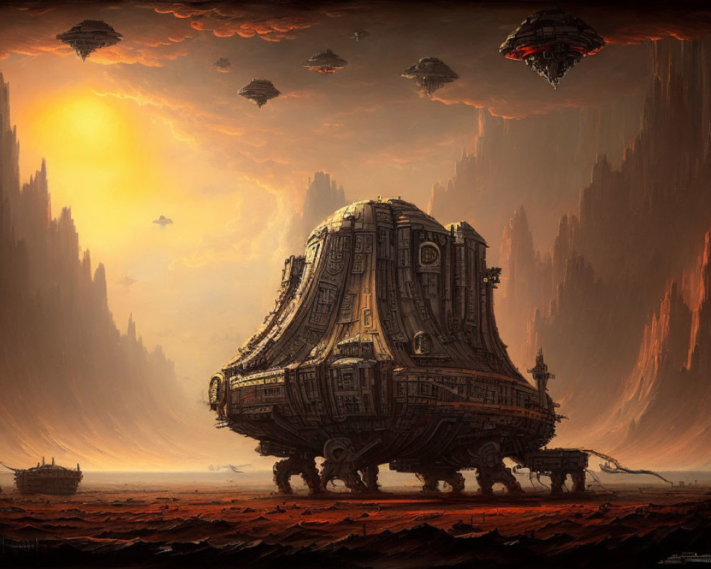 Gigantic futuristic vehicle in barren, red landscape with flying saucers