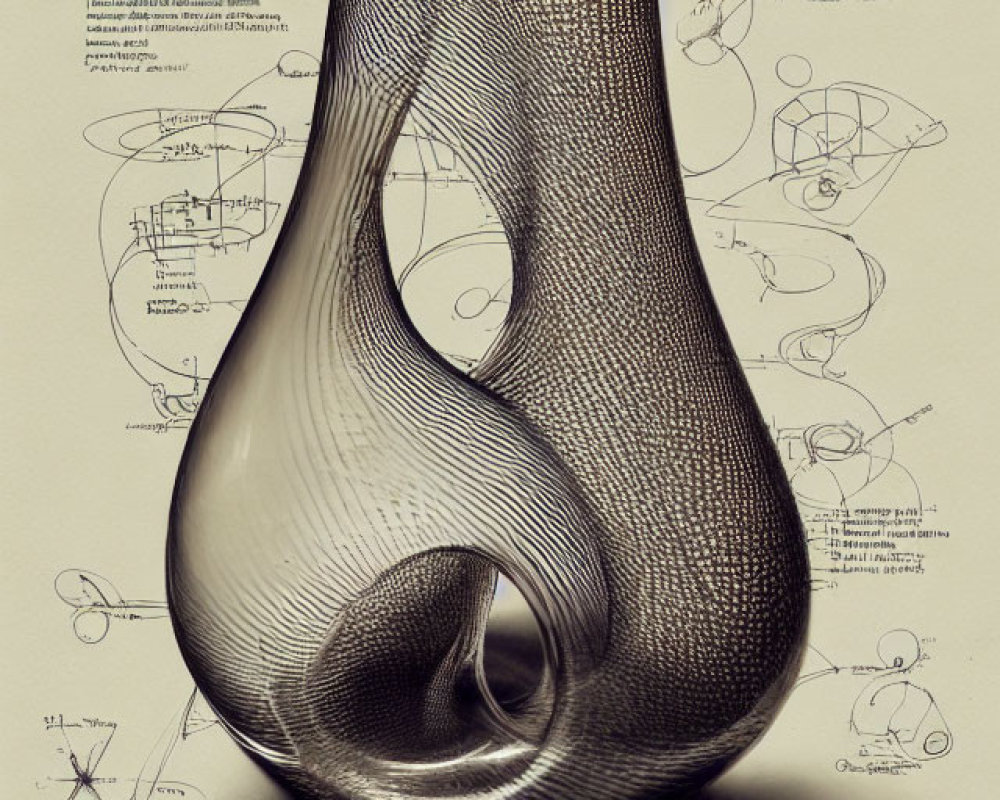 Intricate 3D Möbius Sculpture on Engineering Sketch Background