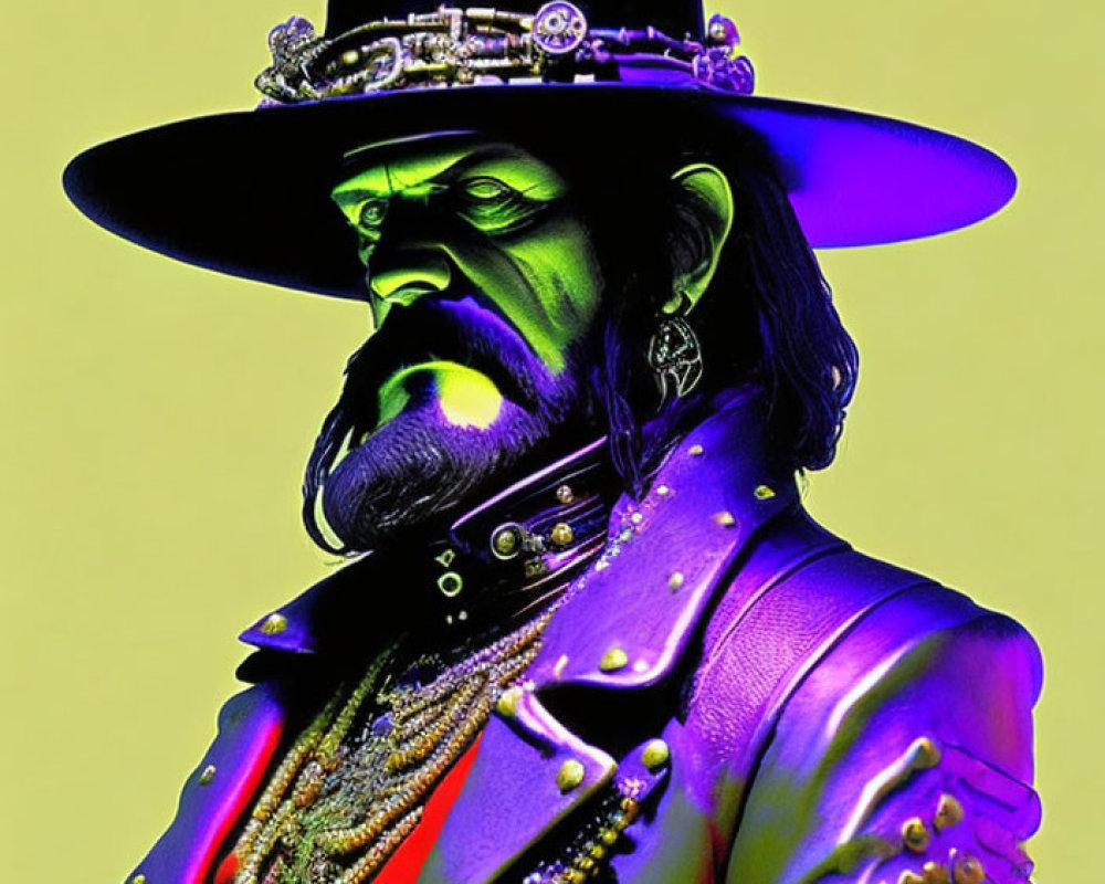 Stylized image: Man with green-tinted skin, top hat with gears, purple leather