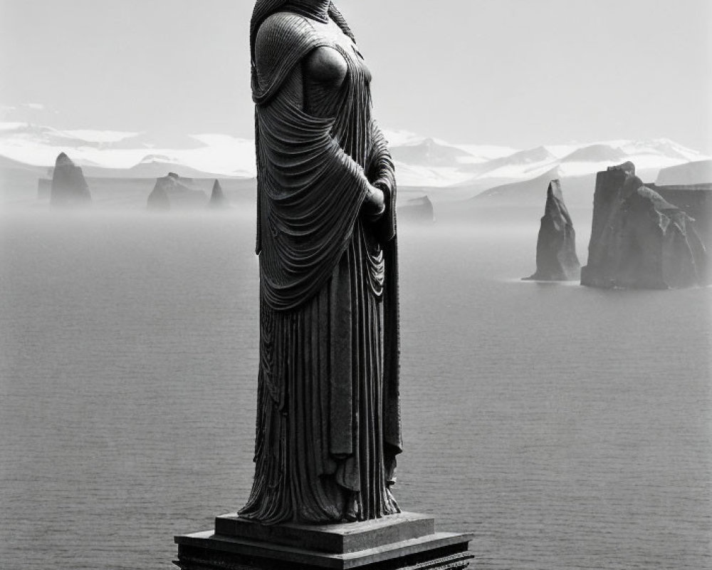 Monochrome statue of robed figure on pedestal with icebergs background
