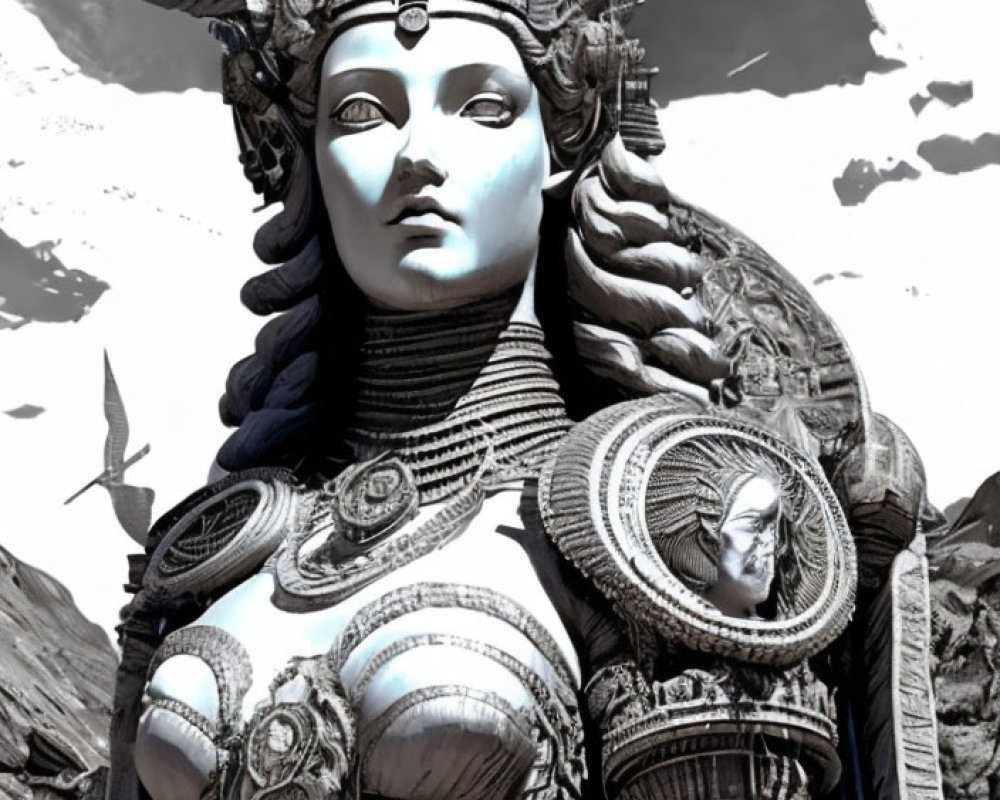 Digital artwork: Majestic female figure in intricate armor and winged helmet against stark mountain backdrop