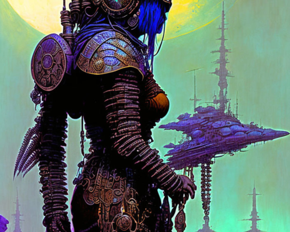 Blue-hued robotic figure in futuristic alien landscape with towering spires.