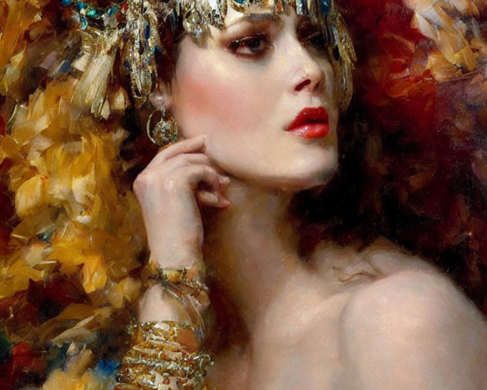 Woman's Portrait with Ornate Headdress and Striking Makeup