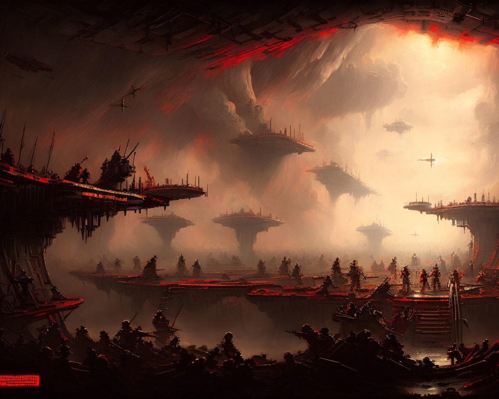 Dystopian industrial landscape with airships and red sky
