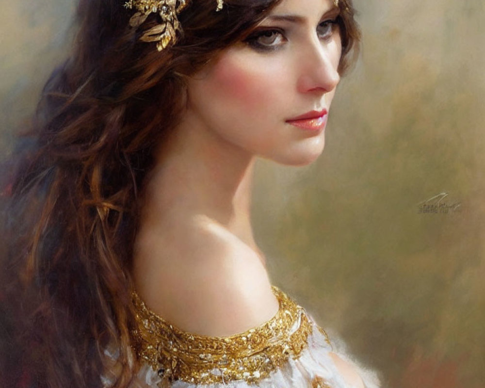 Portrait of Woman in Brown Hair, Golden Headpiece, White & Gold Dress