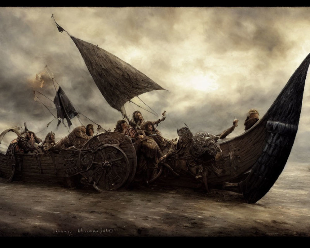 Viking warriors on longship under stormy skies