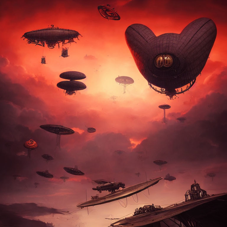 Fantastical sunset sky with airships and heart-shaped vessel