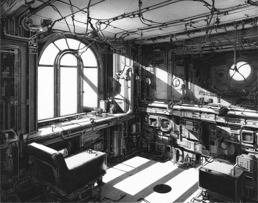 Detailed black and white retro-futuristic control room sketch with large windows and armchairs