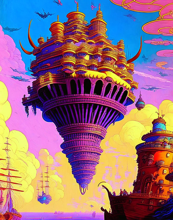 Colossal inverted cone-shaped structure with golden-domed buildings in vibrant, otherworldly image