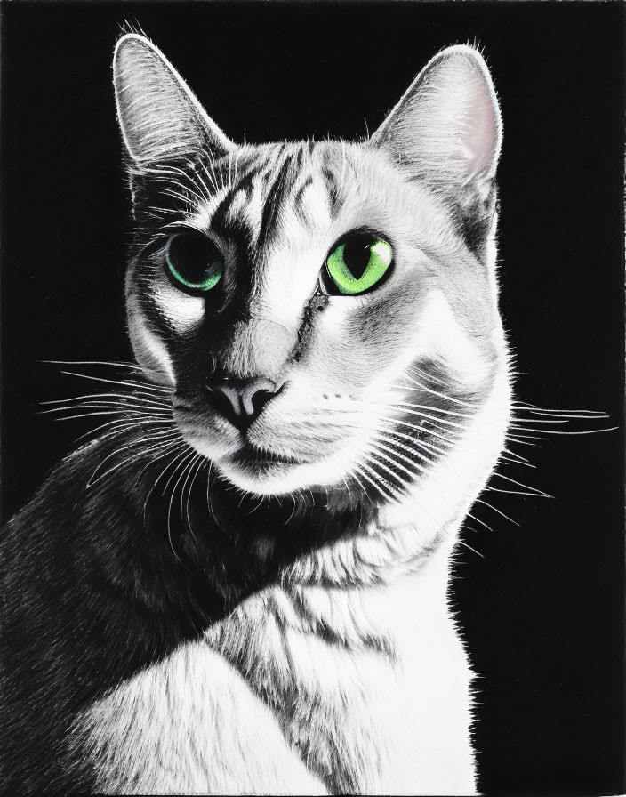 Monochrome cat with captivating green eyes direct gaze