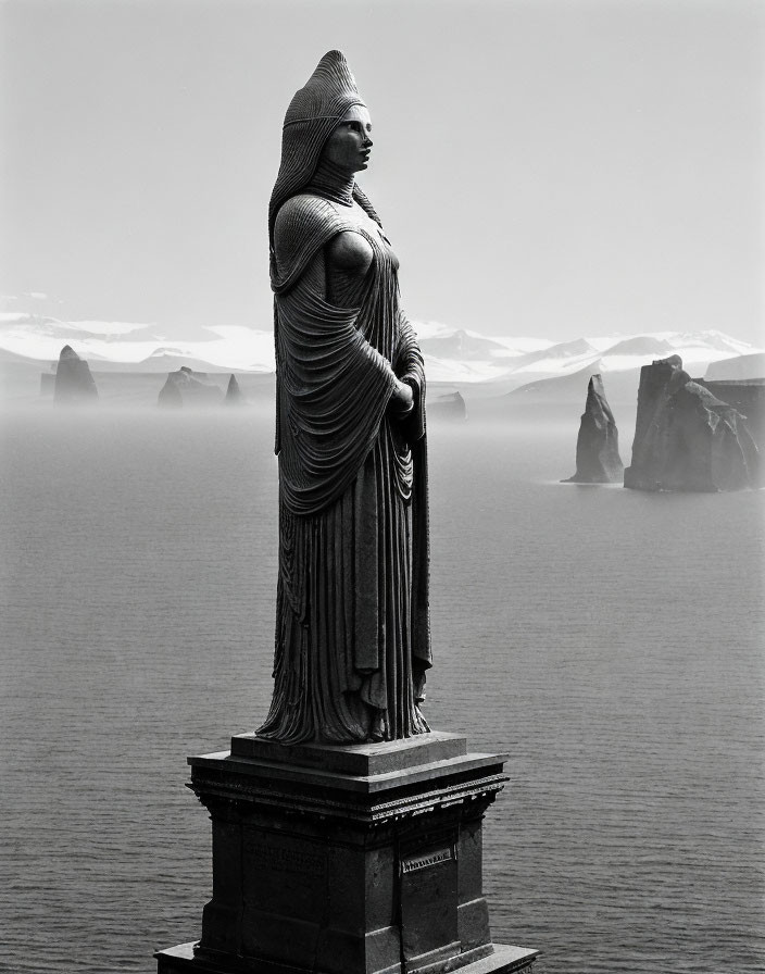 Monochrome statue of robed figure on pedestal with icebergs background
