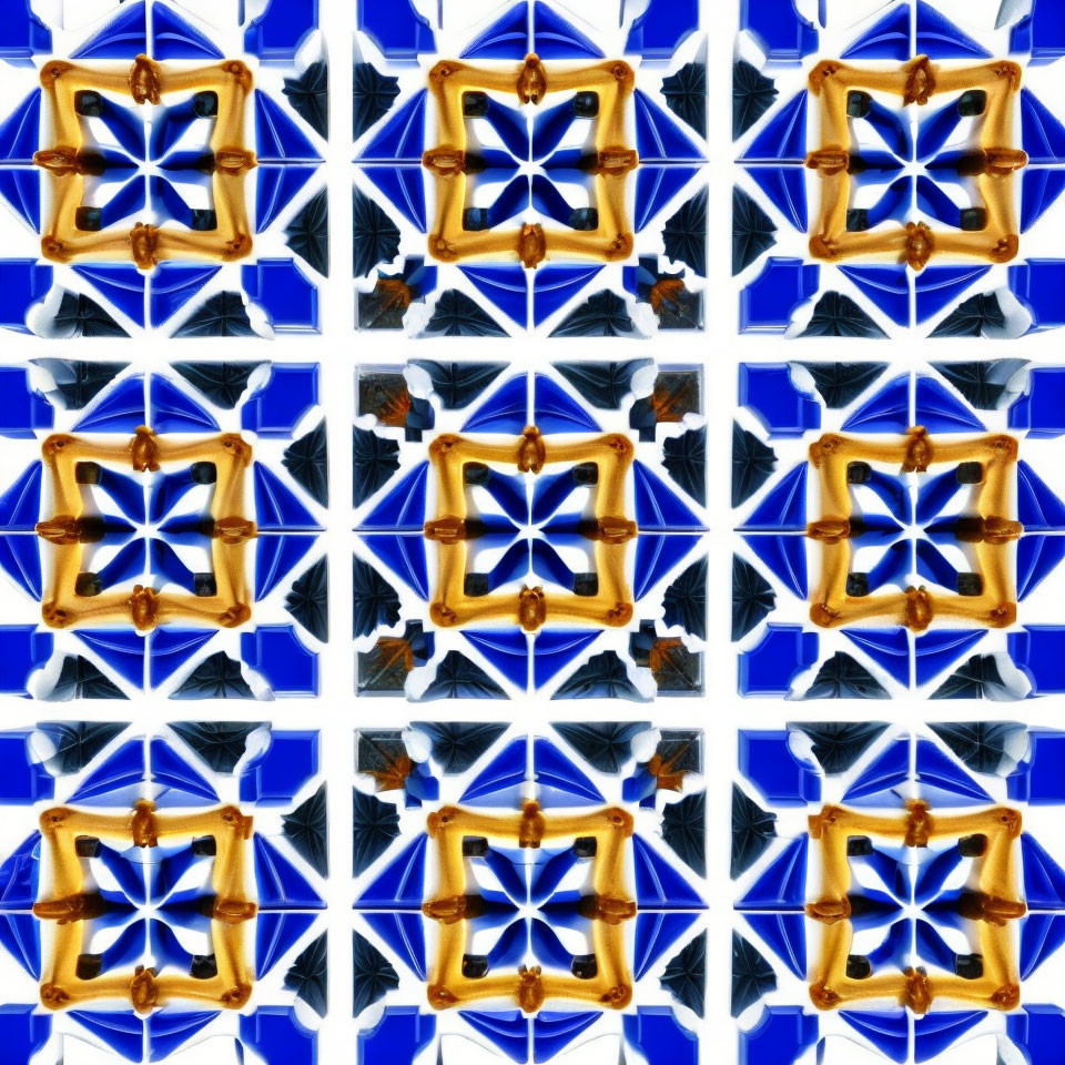 Symmetrical star shapes in blue, white, and gold kaleidoscopic pattern
