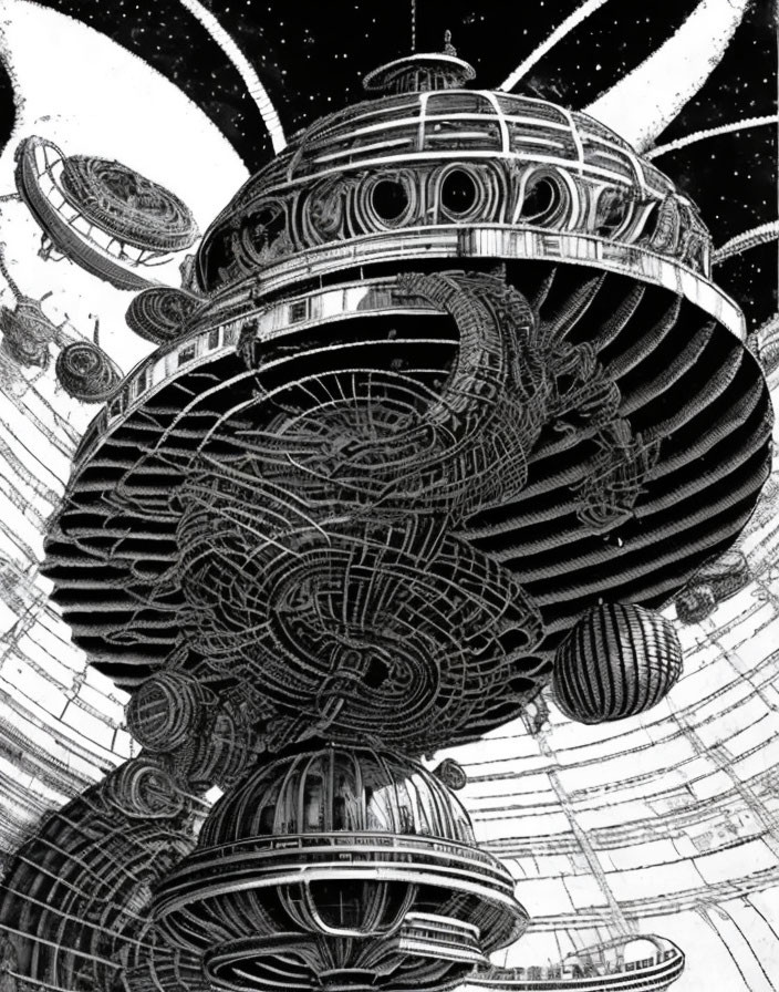 Detailed Black and White Illustration of Futuristic Space Station