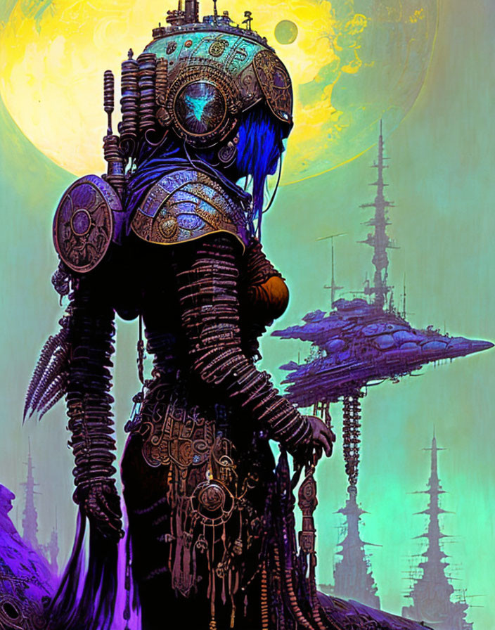 Blue-hued robotic figure in futuristic alien landscape with towering spires.