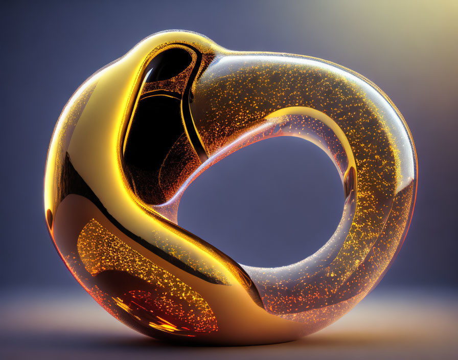 Abstract glowing Möbius strip in golden and orange hues on purple background