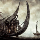 Ancient ship with towering figurehead in misty seas near smaller vessel