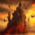 Dark Gothic Citadel Surrounded by Airborne Ships in Dystopian Scene