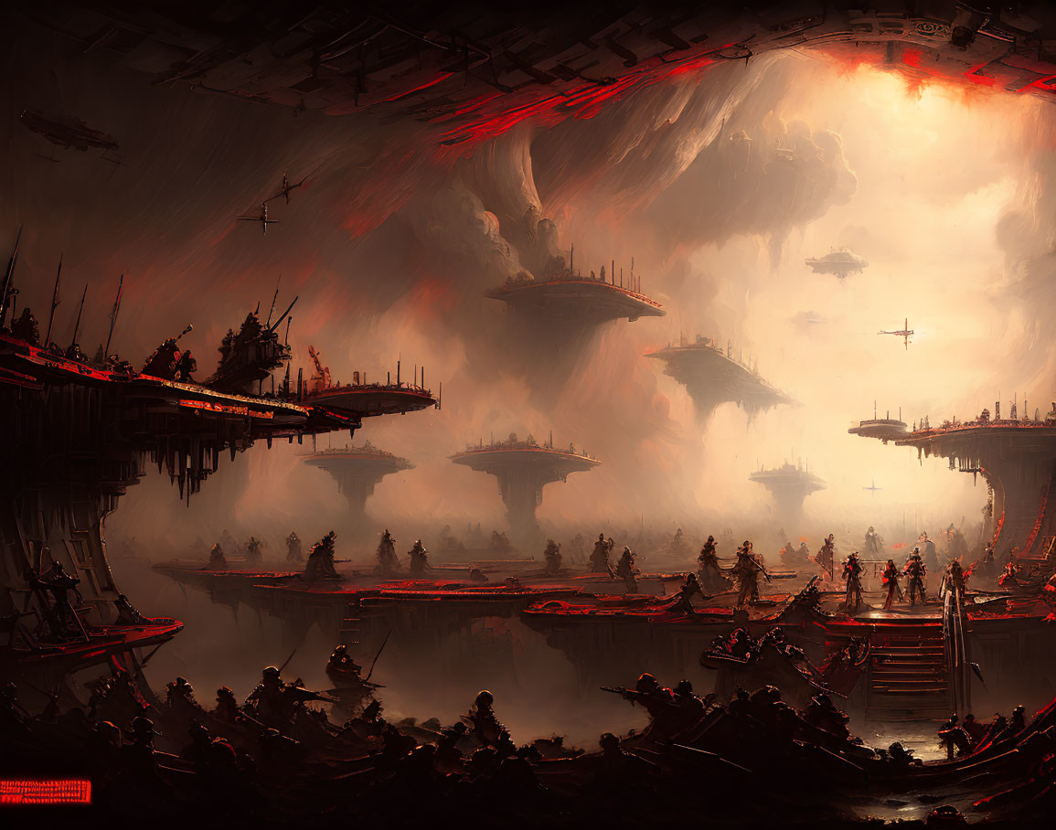 Dystopian industrial landscape with airships and red sky
