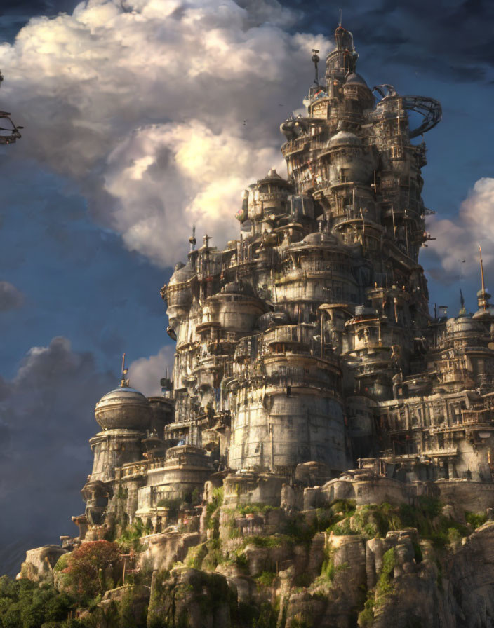 Fantasy castle with intricate architecture on hill under dramatic sky