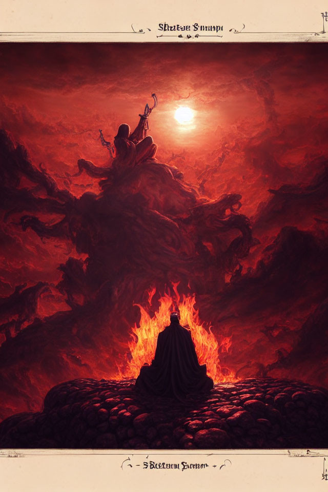 Robed figure in fiery landscape facing menacing throne