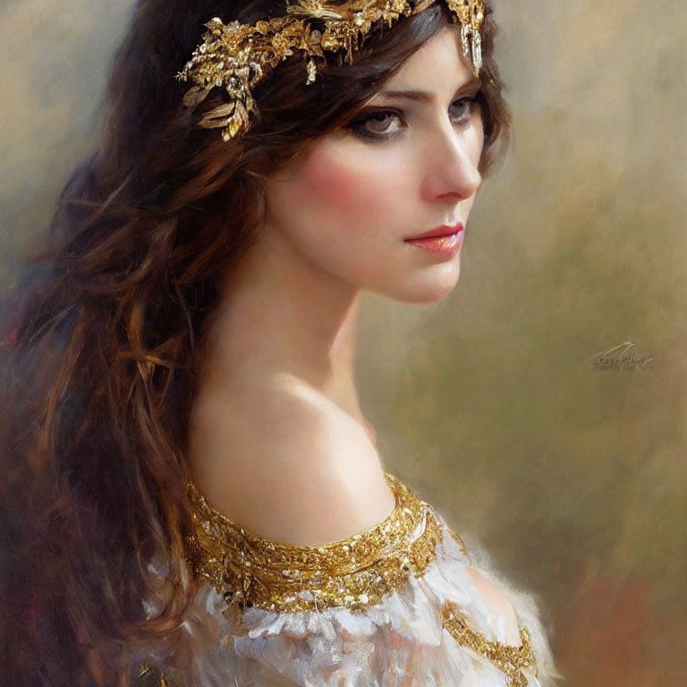 Portrait of Woman in Brown Hair, Golden Headpiece, White & Gold Dress