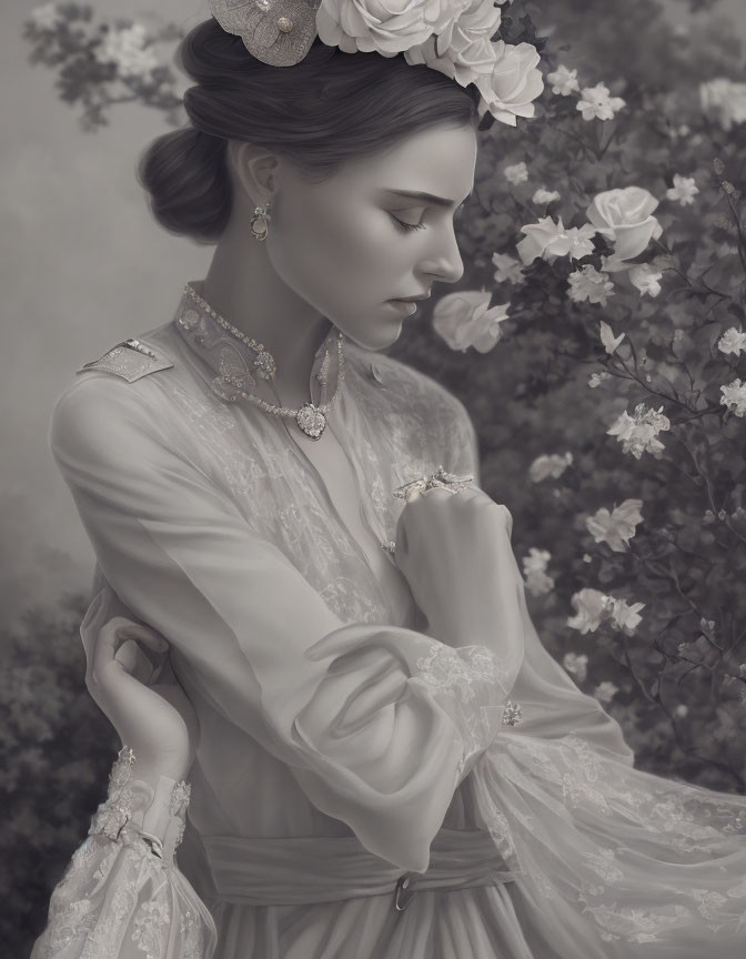 Monochromatic image of woman in vintage dress with flowers in hair among blooming roses