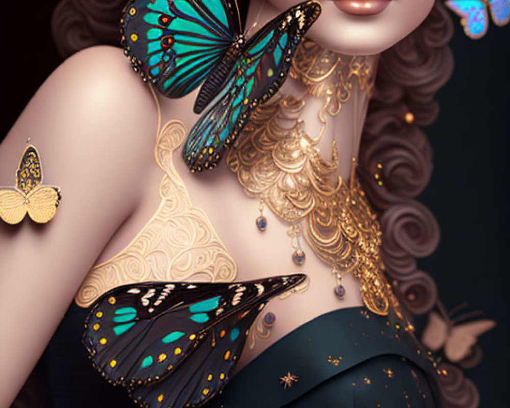 Woman adorned with golden jewelry and butterflies on dark, starry background
