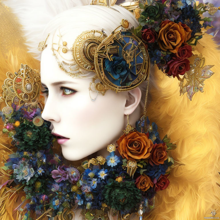Portrait of Person with Alabaster Skin and Golden Headdress Amid Colorful Flowers
