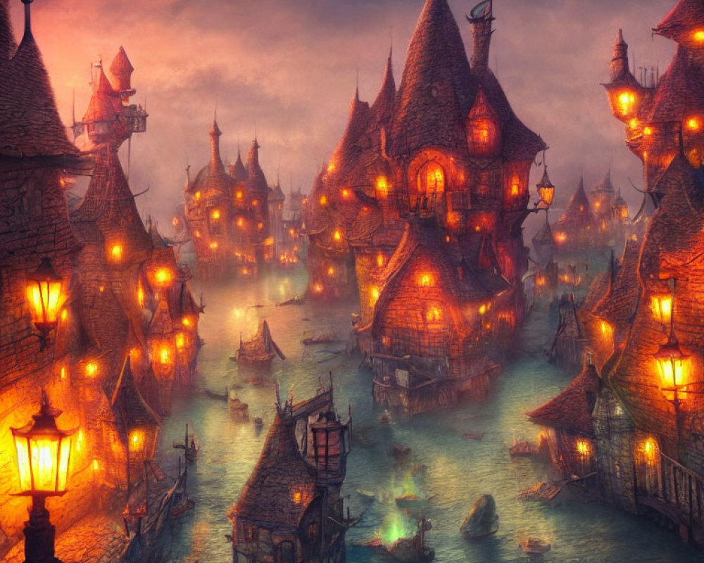 Mystical village twilight scene with warm lanterns and foggy atmosphere
