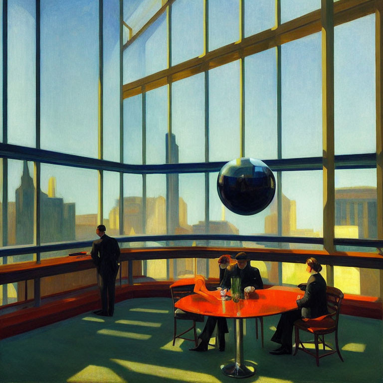Stylized painting of people in sunlit high-rise with city view and dark sphere