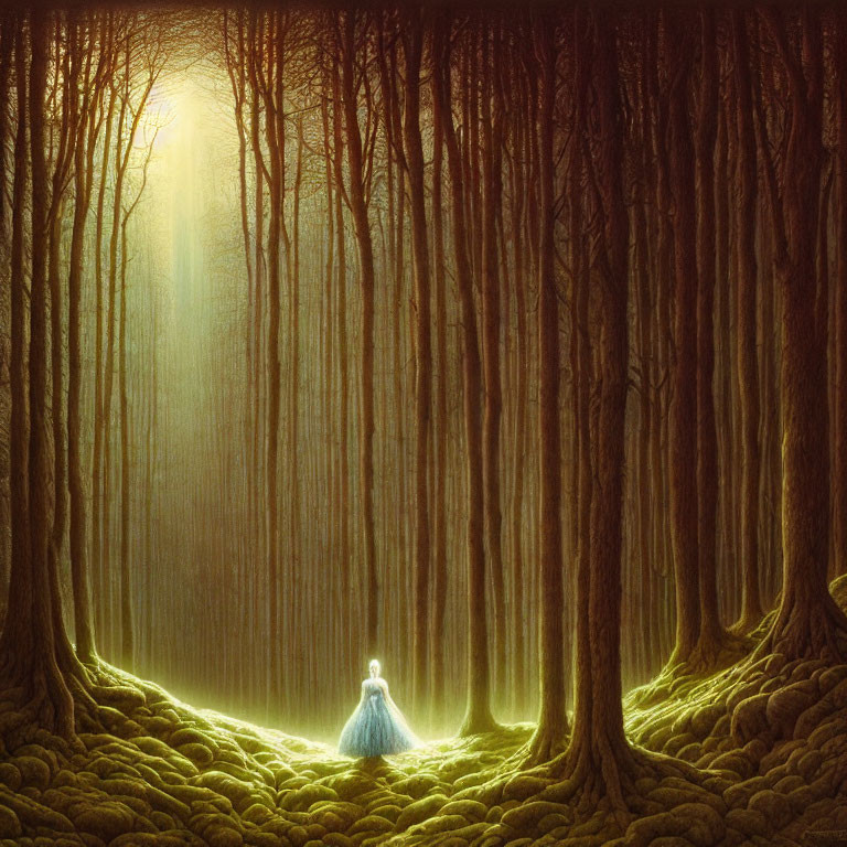 Person in Blue Dress Standing in Mystical Forest with Golden Light
