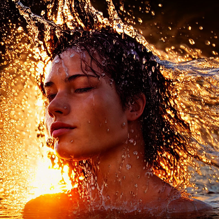 Person with Wet Hair Surrounded by Backlit Water Spray and Warm Sunlight