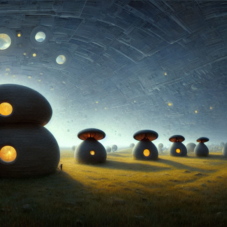 Person standing on grass gazes at glowing domes under spaceship in surreal landscape