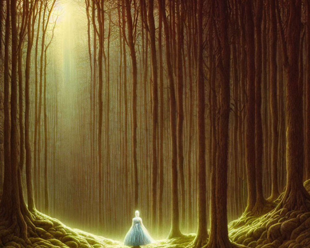 Person in Blue Dress Standing in Mystical Forest with Golden Light