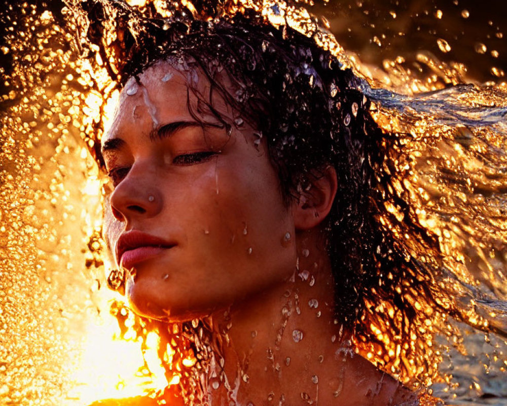 Person with Wet Hair Surrounded by Backlit Water Spray and Warm Sunlight